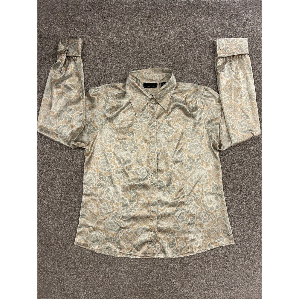 Apostrophe Blouse Womens L Gold Cream Excellent Satin Floral Paisley Button Down